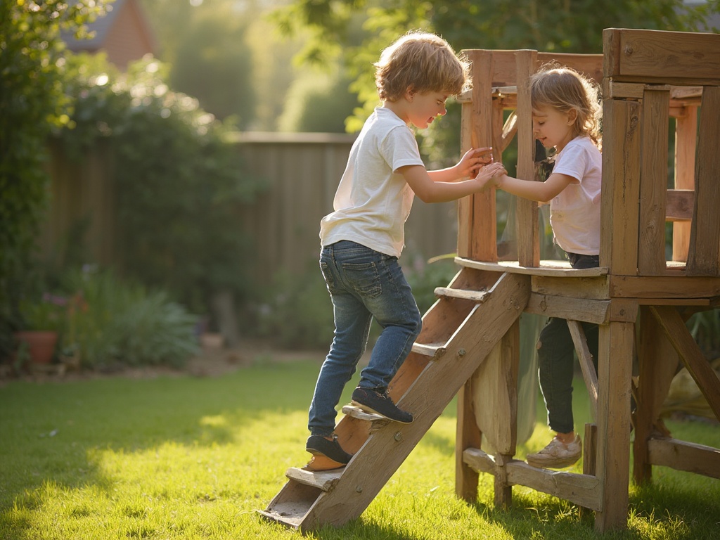 Kinder spielen auf einem Holzspielturm im Garten
