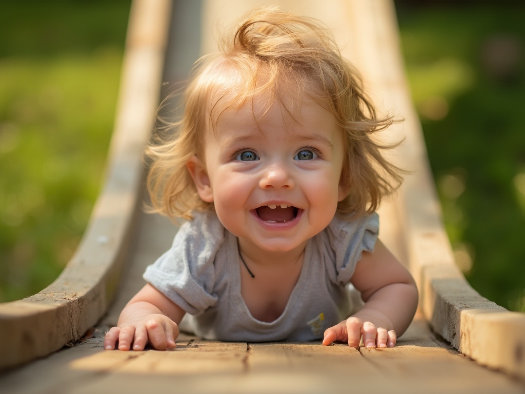 Kleinkind auf Rutsche eines altersgerechten Holzspielturms